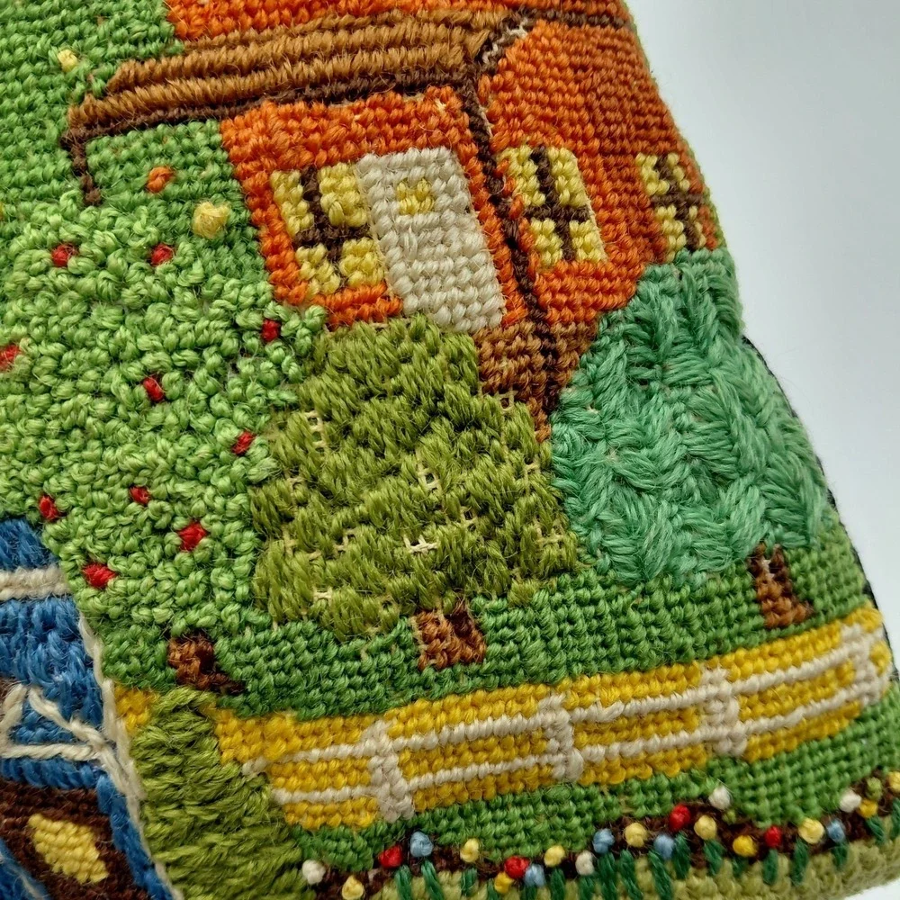 Needlepoint Farmhouse Handmade Pillow Cottage School Farm Cabin Homestead 12